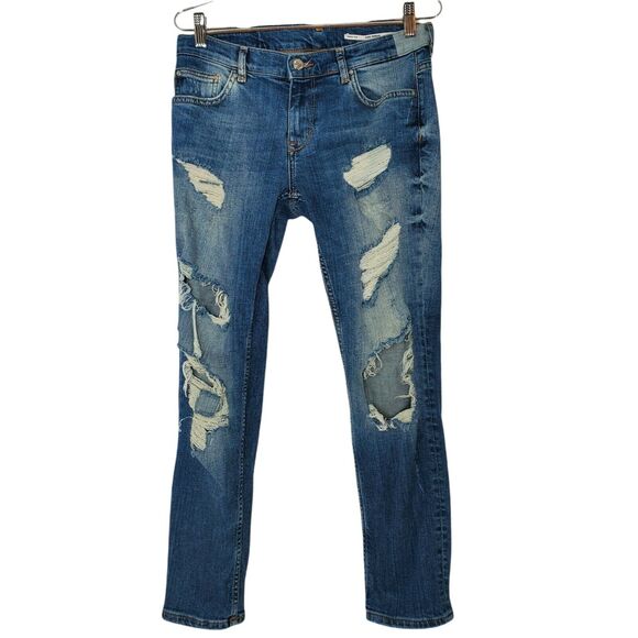 Zara Denim - Zara Women Jeans 4 Hi Rise Relaxed Fit Distressed Stretch High Waist Medium Wash